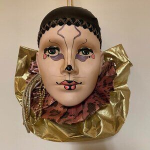 VTG Y2K Mardi Gras Porcelain Cat Face Harlequin Jester 3D Head Wall Hanging